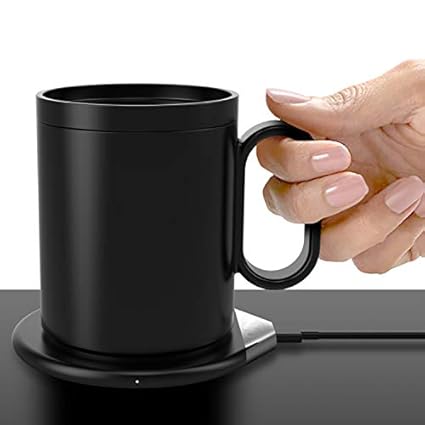 Smart Coffee Mug Heating Set and Smart Mobile Phone Wireless Charging Pad; Mug, Lid, Charging Pad and Cables, Intelligent Temperature Control, Black