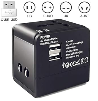 Universal Travel Adapter Dual USB Charger Port for International Travel Worldwide Charger Socket Plug for Phone Laptop Digital Camera for EU Europe UK USA (Black)