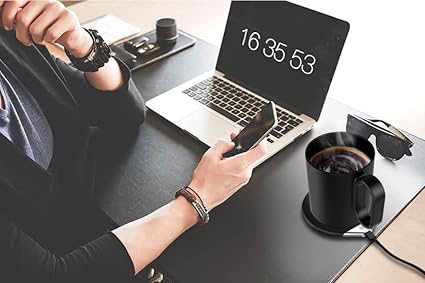Smart Coffee Mug Heating Set and Smart Mobile Phone Wireless Charging Pad; Mug, Lid, Charging Pad and Cables, Intelligent Temperature Control, Black