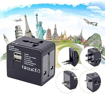 Universal Travel Adapter Dual USB Charger Port for International Travel Worldwide Charger Socket Plug for Phone Laptop Digital Camera for EU Europe UK USA (Black)