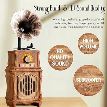 Portable Wireless Speaker I Gramophone-Shaped Bluetooth Speaker I Retro I Vintage Look I Modern HD Loud Sound with Mic AS31