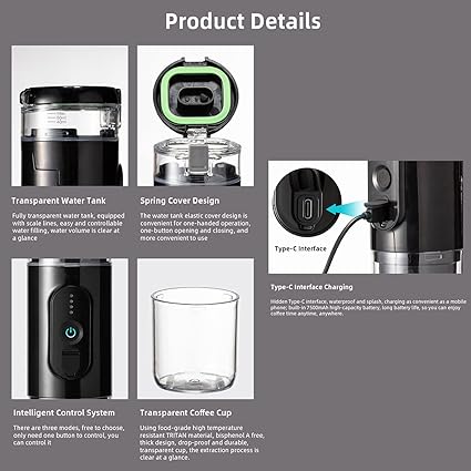 Mini Coffee Maker, Portable Coffee Maker with USB Charging, Travel Coffee Machine, Compatible with Capsule and Floor for Outdoor Car Office