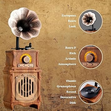 Portable Wireless Speaker I Gramophone-Shaped Bluetooth Speaker I Retro I Vintage Look I Modern HD Loud Sound with Mic AS31
