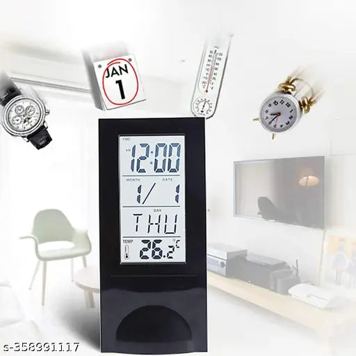 able Desk Digital Clock Transparent Display with Tempreature and Alarm Function Black Shelf Clock for Home and Office Decor