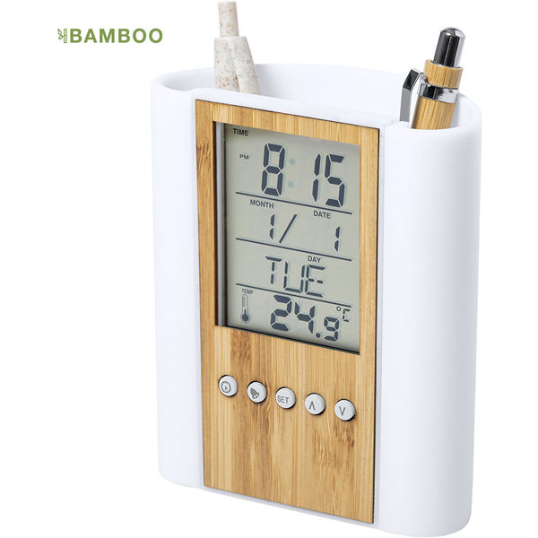 Eco-Friendly Bamboo Digital Desk Organizer with Clock, Calendar & Thermometer