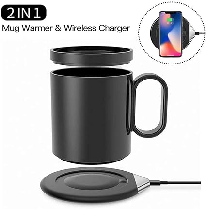 Smart Coffee Mug Heating Set and Smart Mobile Phone Wireless Charging Pad; Mug, Lid, Charging Pad and Cables, Intelligent Temperature Control, Black