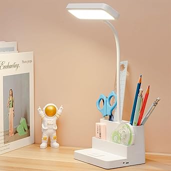 LED Desk Lamp with Pen Holder, Desk Light for Computer/Desktop - Rechargeable, Eye-Caring, Flexible Gooseneck - Bedside Table Lamp for Reading, Kids, Home, Office, Dorm