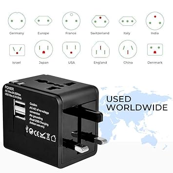 Universal Travel Adapter Dual USB Charger Port for International Travel Worldwide Charger Socket Plug for Phone Laptop Digital Camera for EU Europe UK USA (Black)