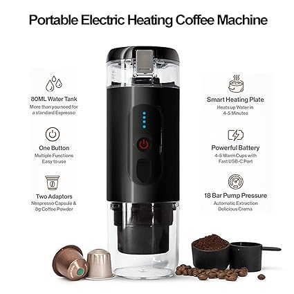 Mini Coffee Maker, Portable Coffee Maker with USB Charging, Travel Coffee Machine, Compatible with Capsule and Floor for Outdoor Car Office