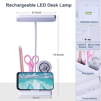 LED Desk Lamp with Pen Holder, Desk Light for Computer/Desktop - Rechargeable, Eye-Caring, Flexible Gooseneck - Bedside Table Lamp for Reading, Kids, Home, Office, Dorm