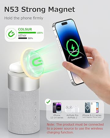 Bluetooth Speaker with Night Light - 3 in 1 Mag-Safe Wireless Charger for iPhone 16/15/14/13/12 Series, AirPods Pro/3/2，Gifts for Men& Women